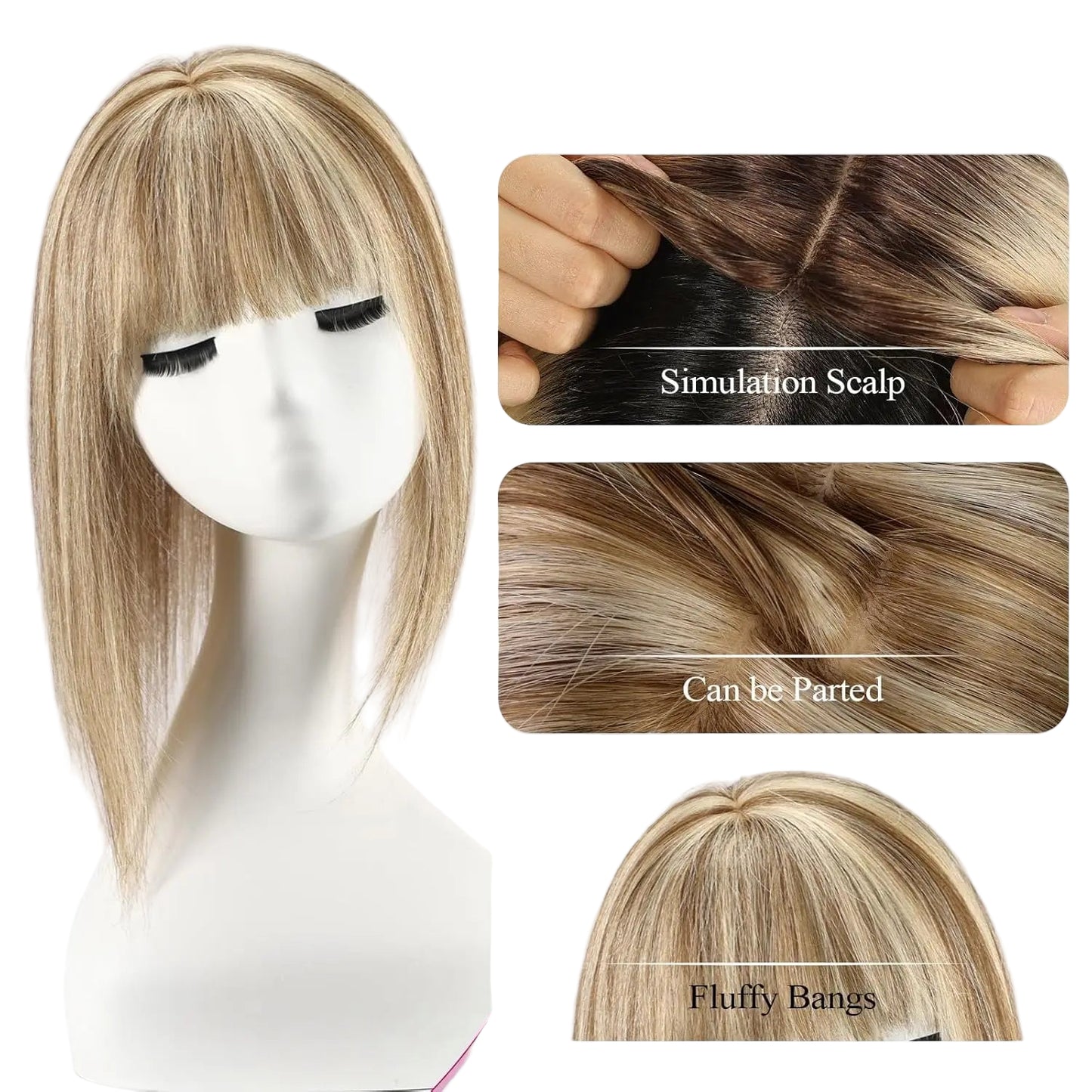 Brown Mixed Blonde Human Hair Topper with Bangs Natural Silk Straight Hair