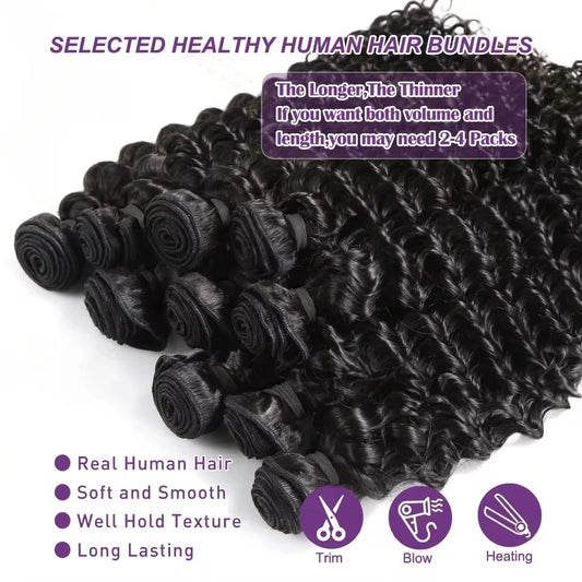 Deep Wave Bundle Human Hair 100% Unprocessed Brazilian Remy 30 32 Inch 3/4 Bundles Raw Curly Virgin Hair Extension Double Weft