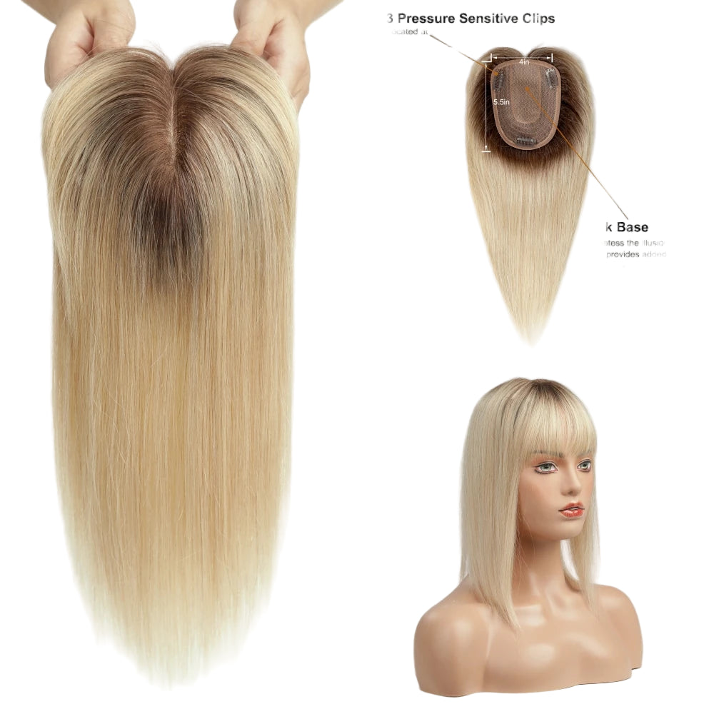 Blonde Human Hair Toppers with Bangs and Dark Root