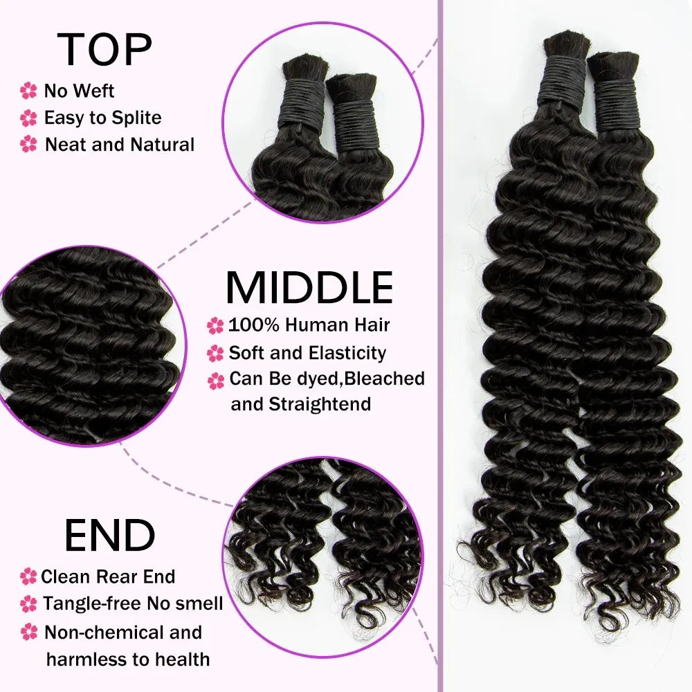 22 24Inch Deep Wave Bulk Human Hair for Boho Braids No Weft Colored 100% 12A Human Hair Bulk Curly Extensions for Braiding