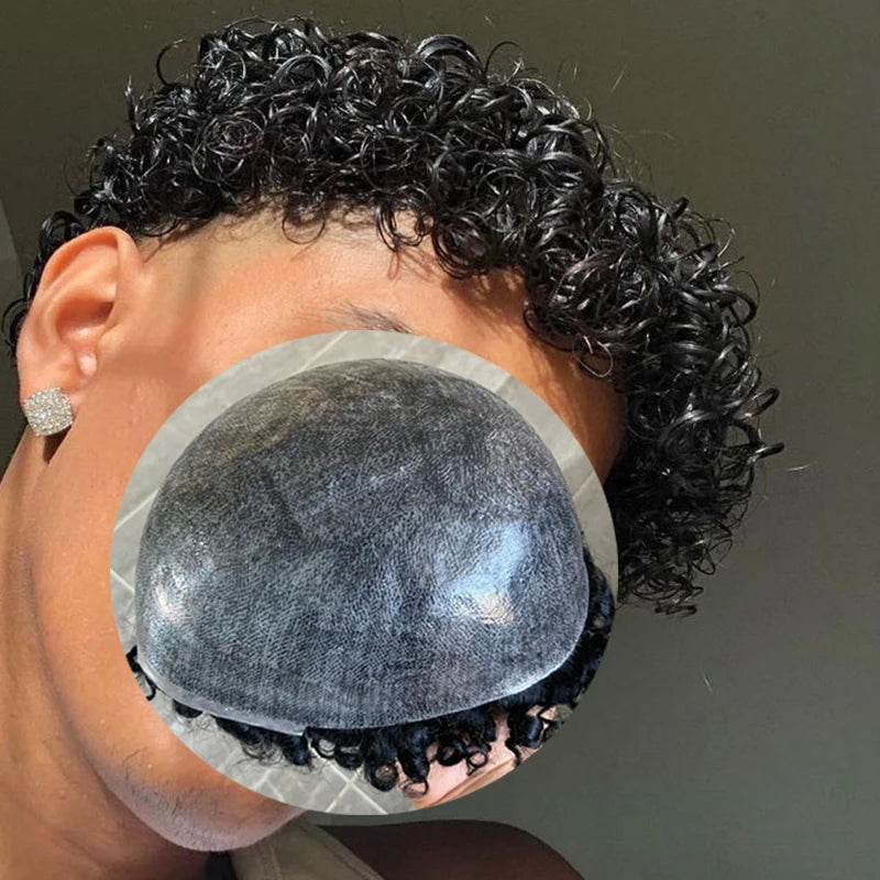 15mm Curly Mens Wig Durable Skin Toupee African American Human Hair Microskin